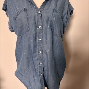 Blue Button-Up Shirt with Palm Tree Print